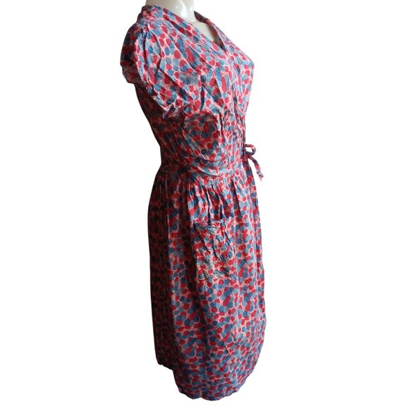 1OF1 Medium Vintage 1940s 50s Apron Wrap Chore Dress Side Tie Handmade MCM Farm - Picture 3 of 13